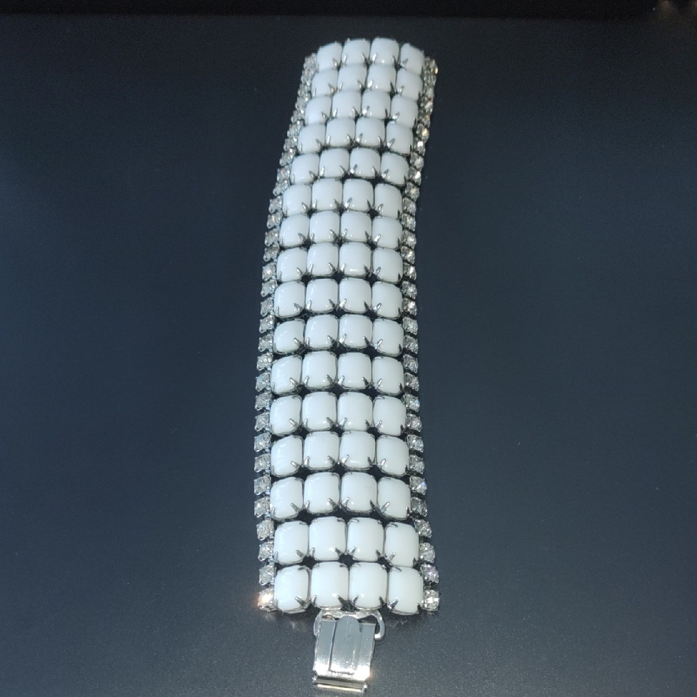 Vintage White Milk Glass and Rhinestone Bracelet Cuff